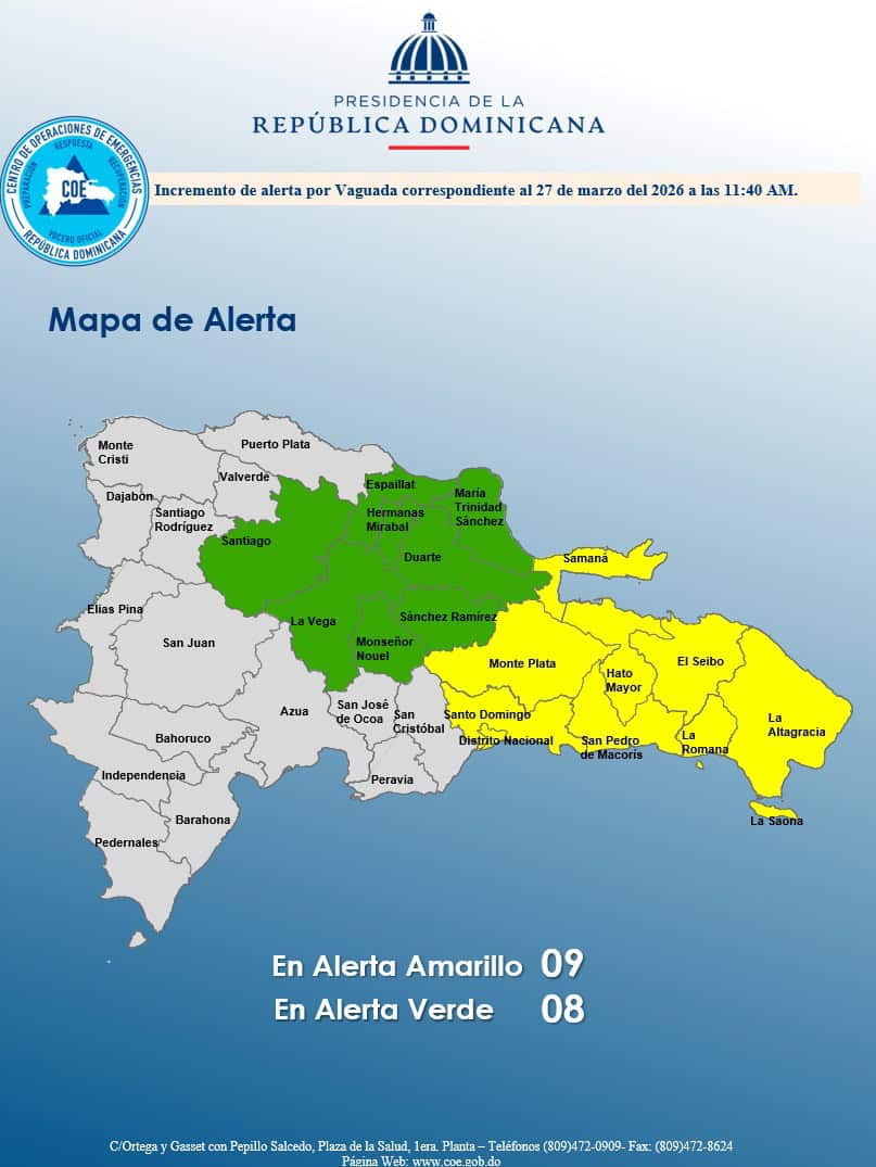 El COE emite alerta amarilla para nueve provincias y mantiene ocho en verde por vaguada